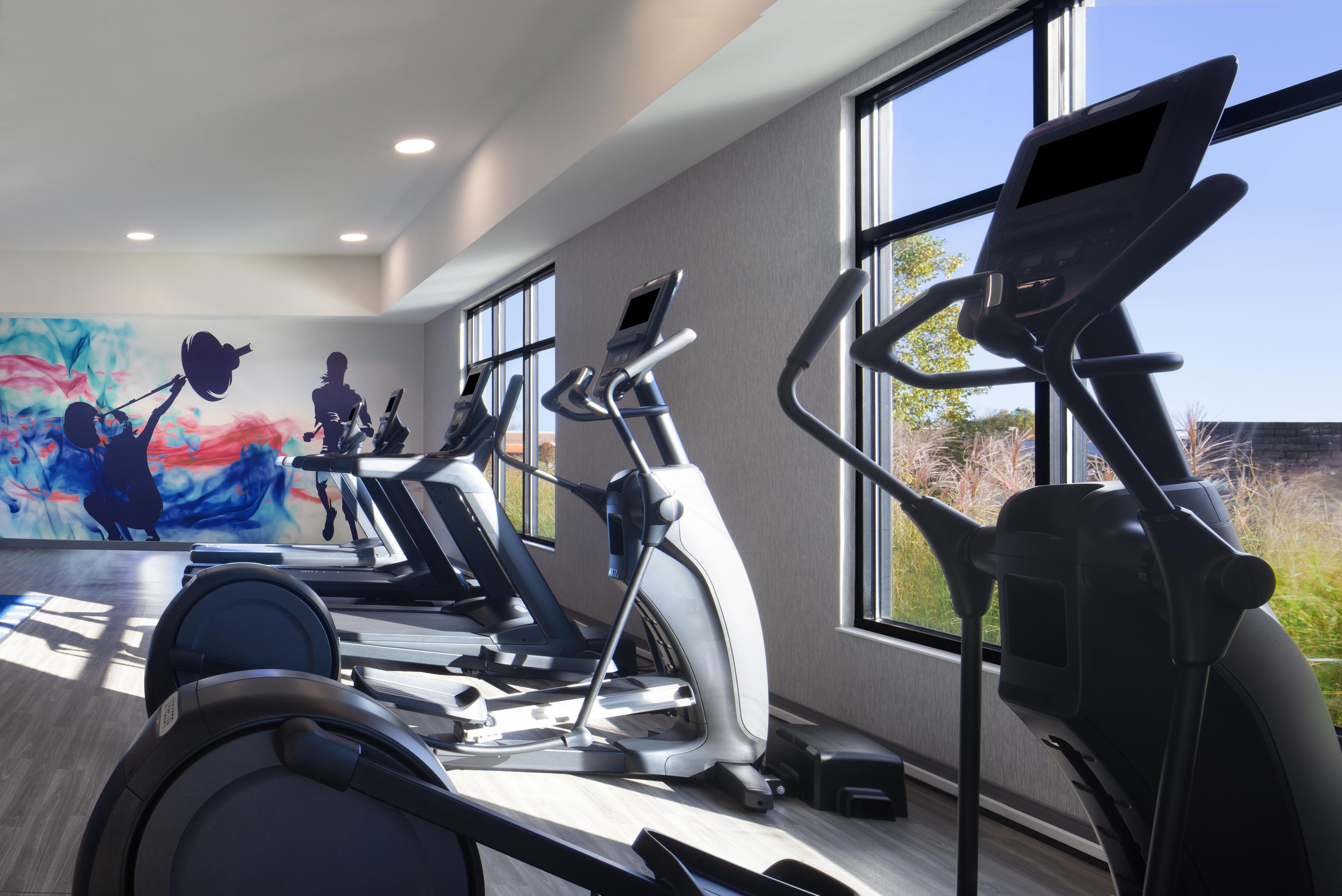 A gym with multiple treadmills, a large abstract mural, and large windows.
