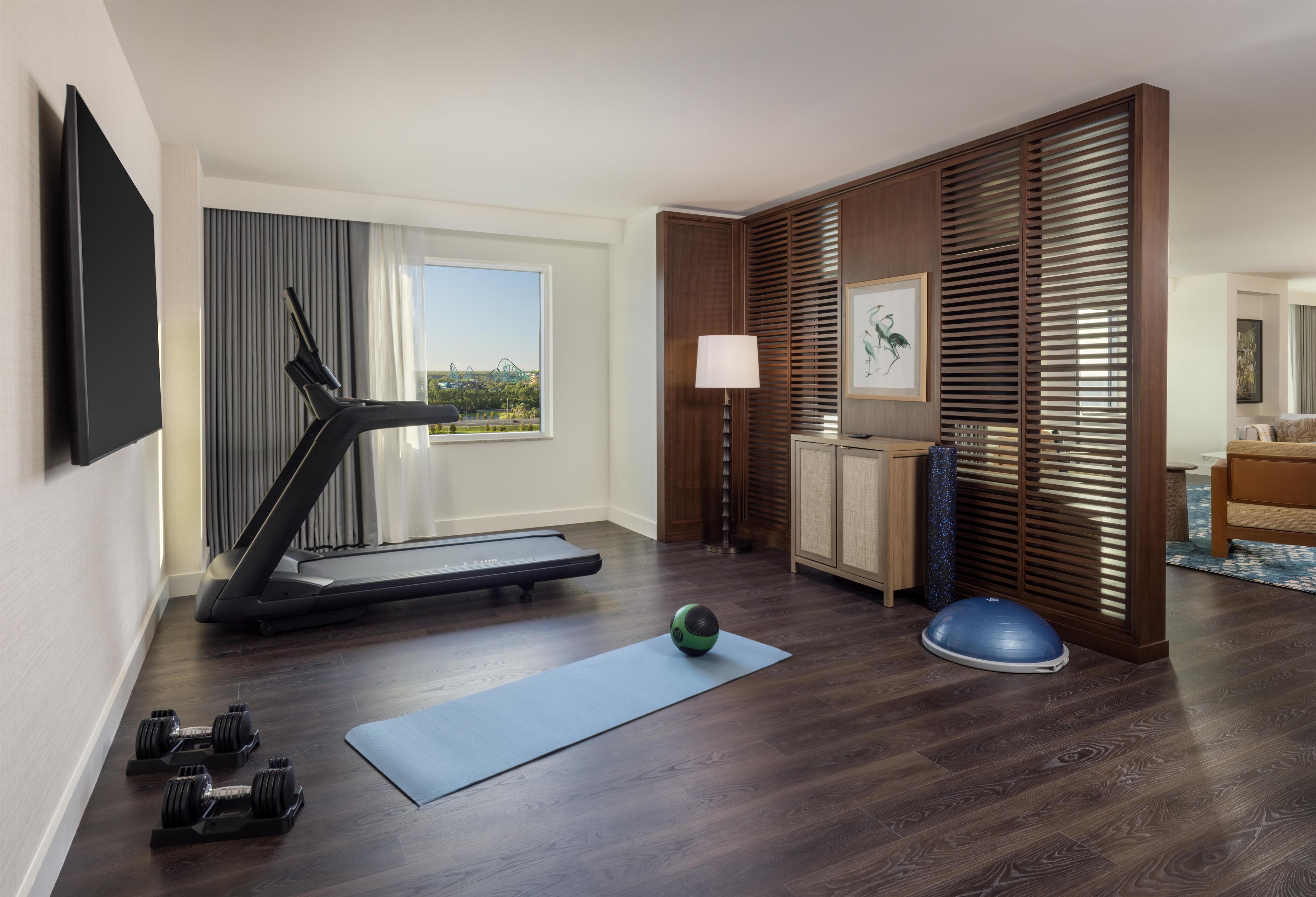 A modern living room with a treadmill, exercise ball, dumbbells, and a yoga mat.