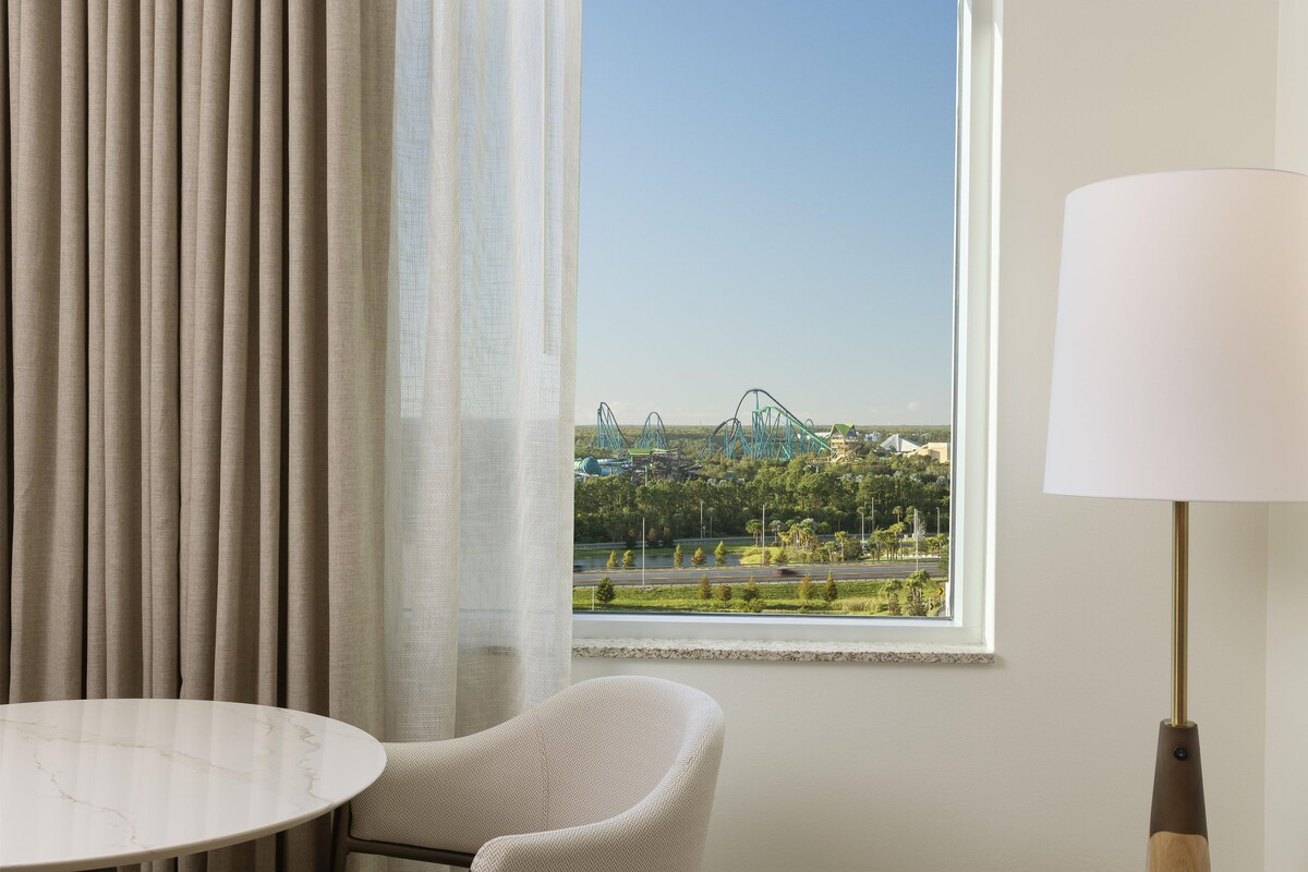 Habitación de hotel con vistas a una montaña rusa, una mesa redonda, una silla y una lámpara.