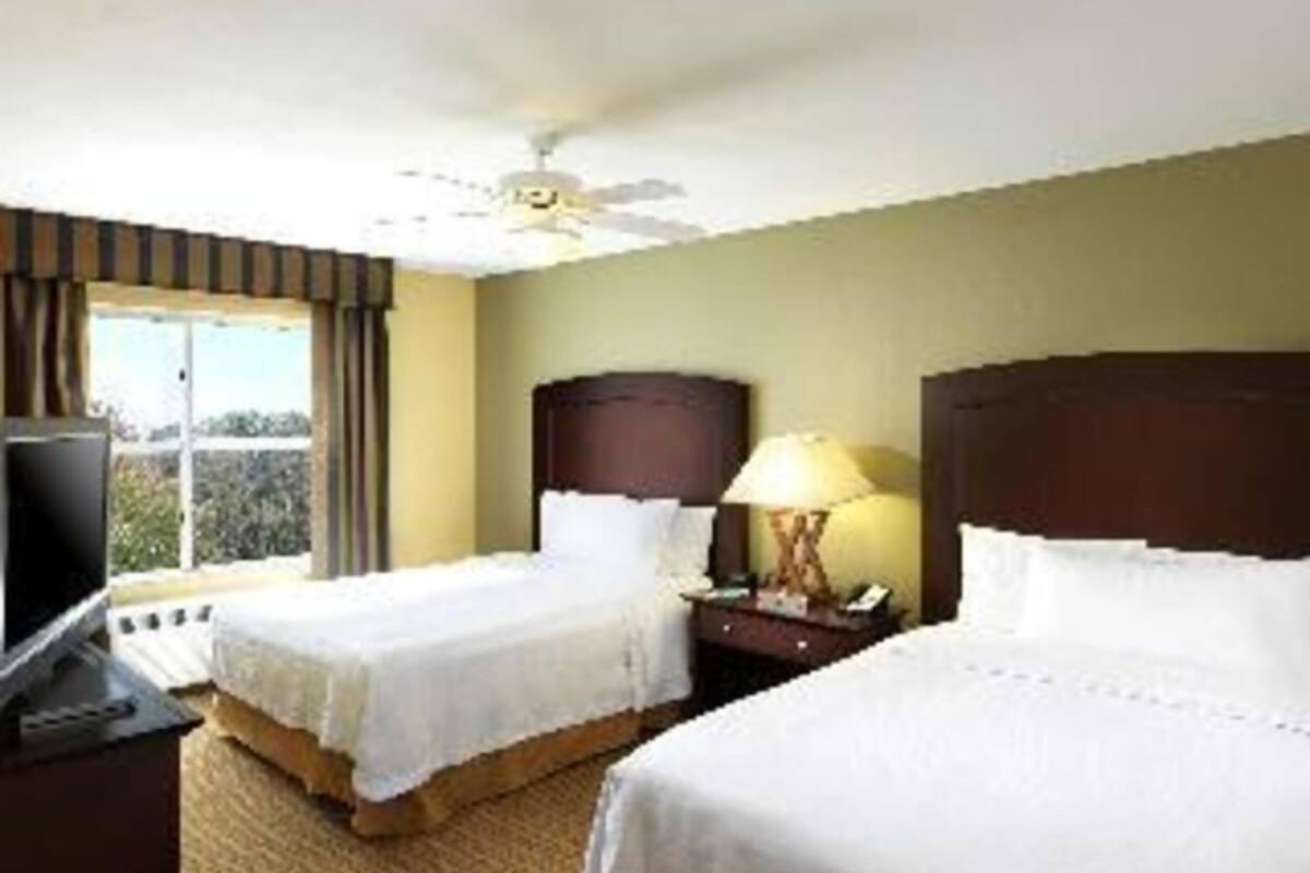 A hotel room with two beds, a TV, a ceiling fan, and a window with curtains.