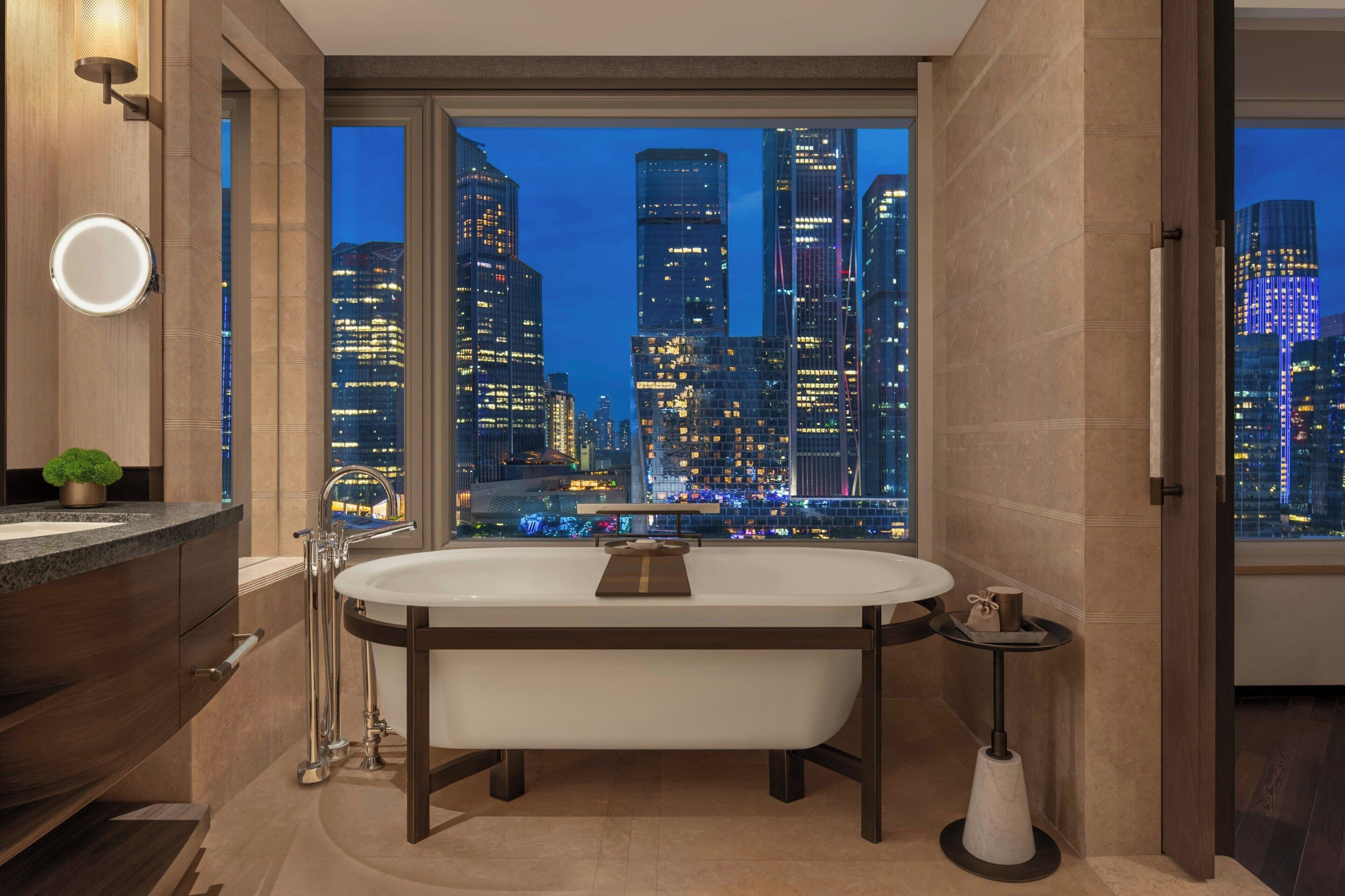 separate bathtub and shower, free toiletries, hair dryer, bathrobes