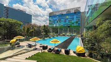 Outdoor pool, pool umbrellas, pool loungers