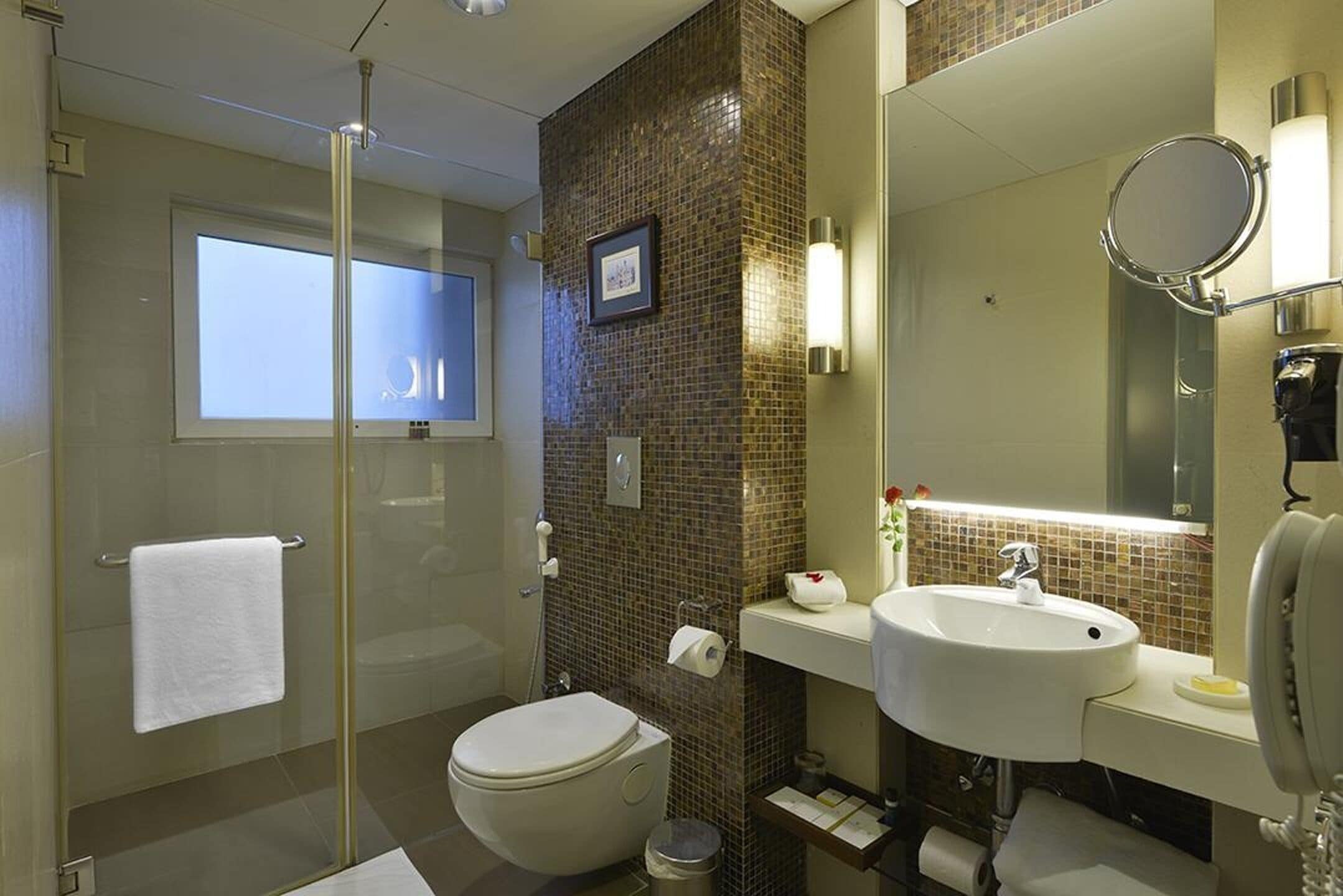 A modern bathroom with a glass-enclosed shower, a toilet, a sink, and a large mirror.