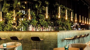A bar area with leather seating, hanging plants, and exposed brick walls.