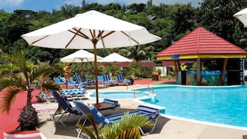 Outdoor pool, open 10 AM to 8 PM, pool umbrellas, pool loungers