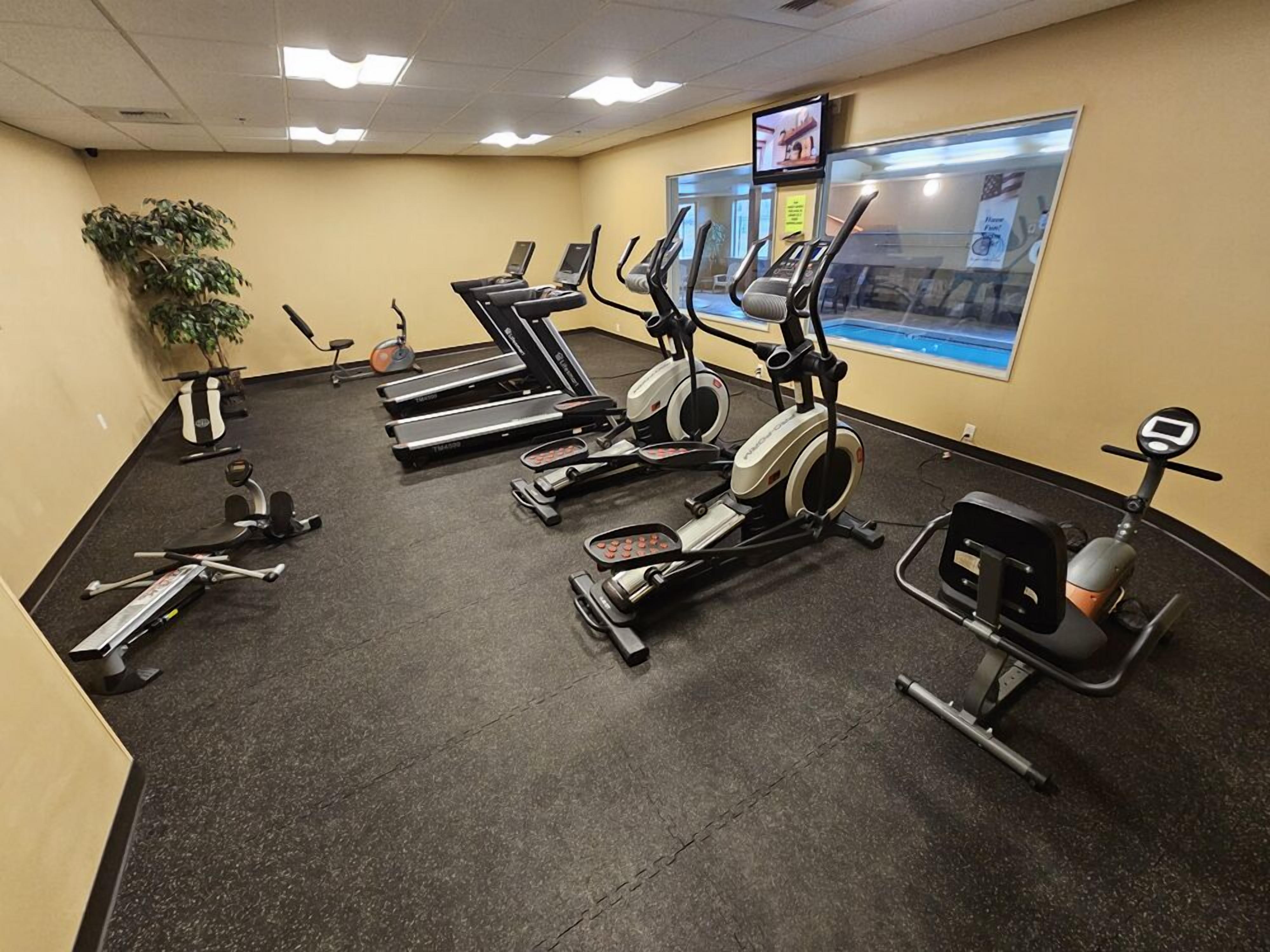 A gym with treadmills, elliptical machines, and a stationary bike.