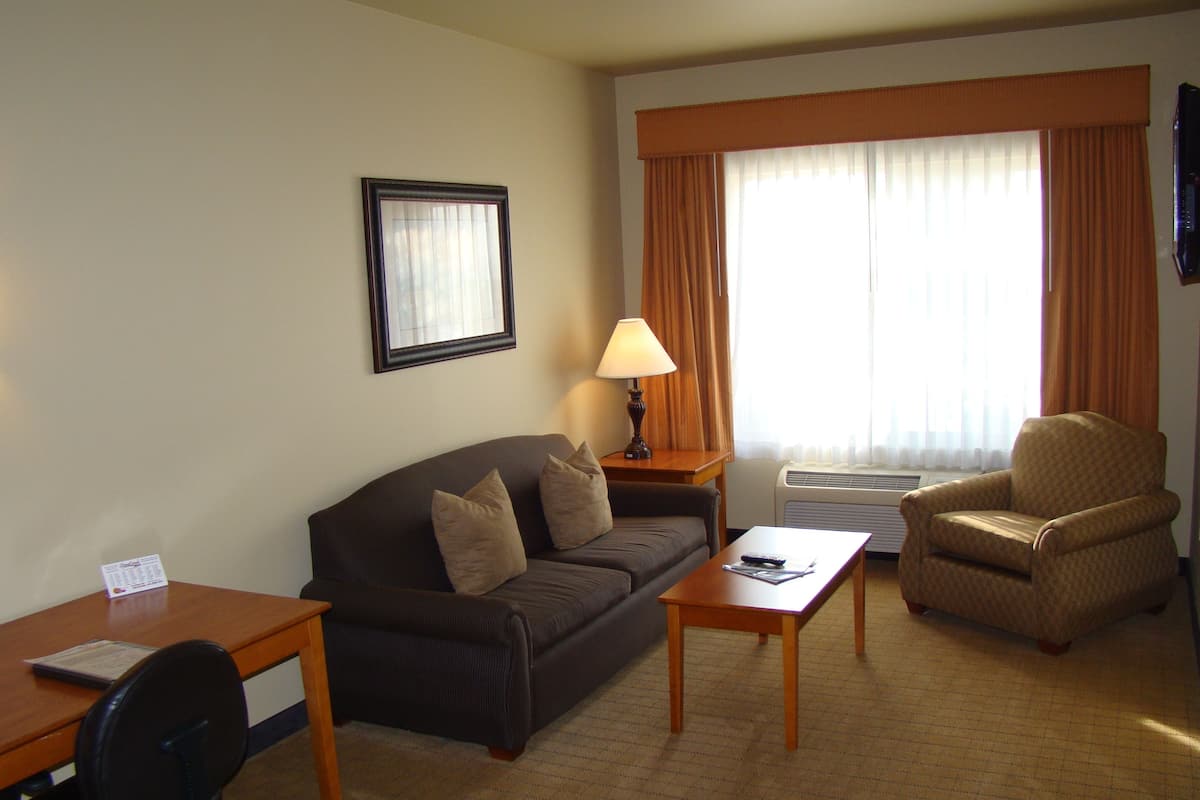 A hotel room with a sofa, armchair, desk, and a lamp.