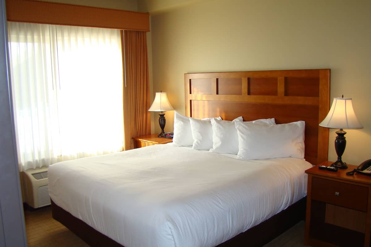 A hotel room with a large bed, two bedside tables with lamps, a wooden headboard, and a window with curtains.