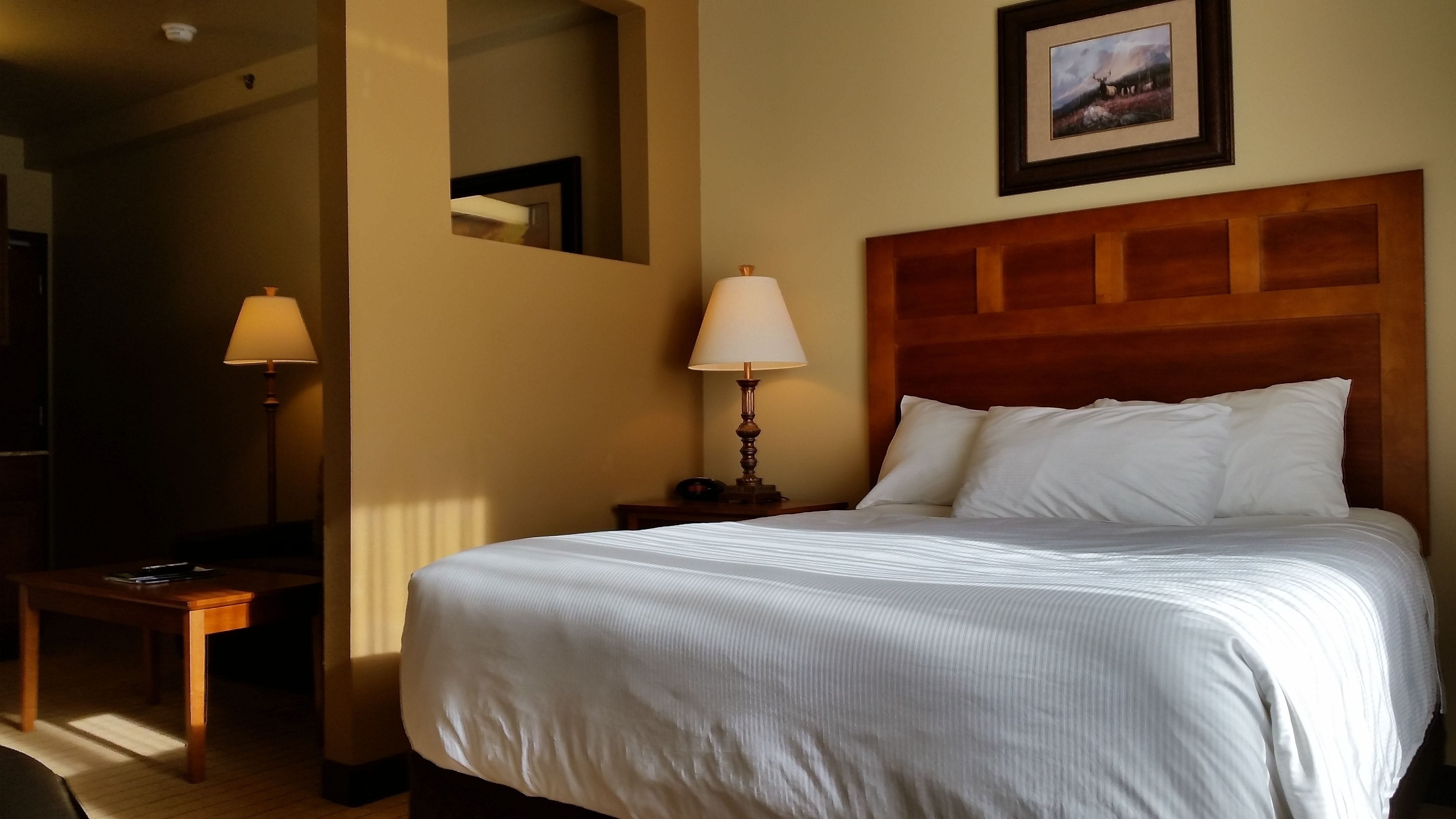 A hotel room with a large bed, a nightstand with a lamp, a wooden headboard, and a framed picture on the wall.