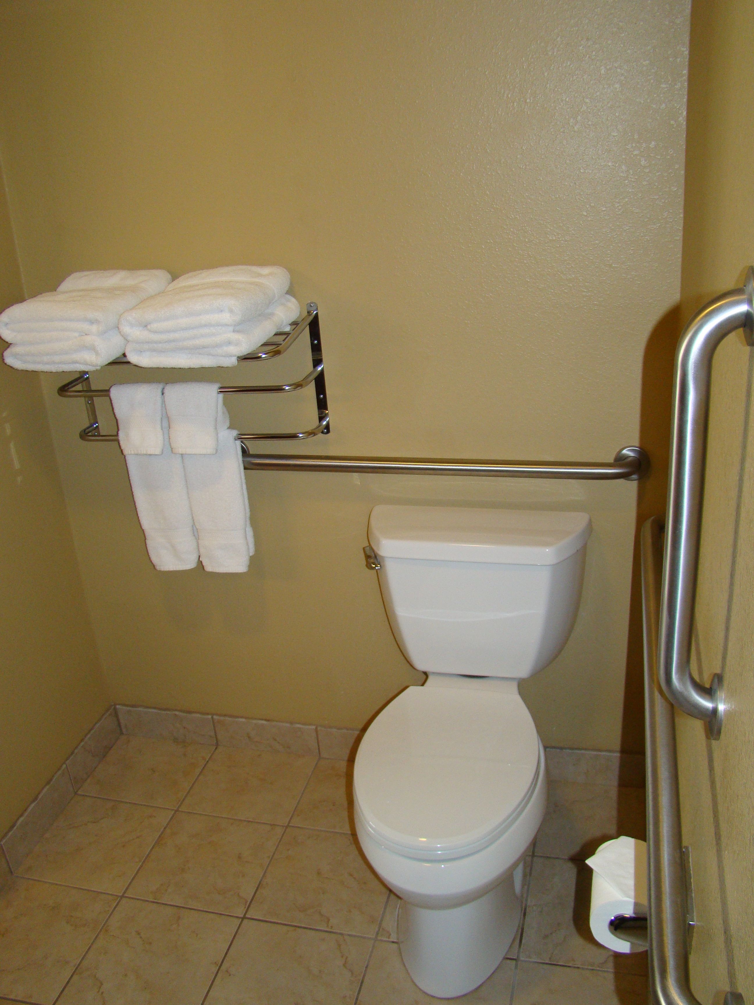A bathroom with a toilet, a towel rack with folded towels, and a toilet paper holder.
