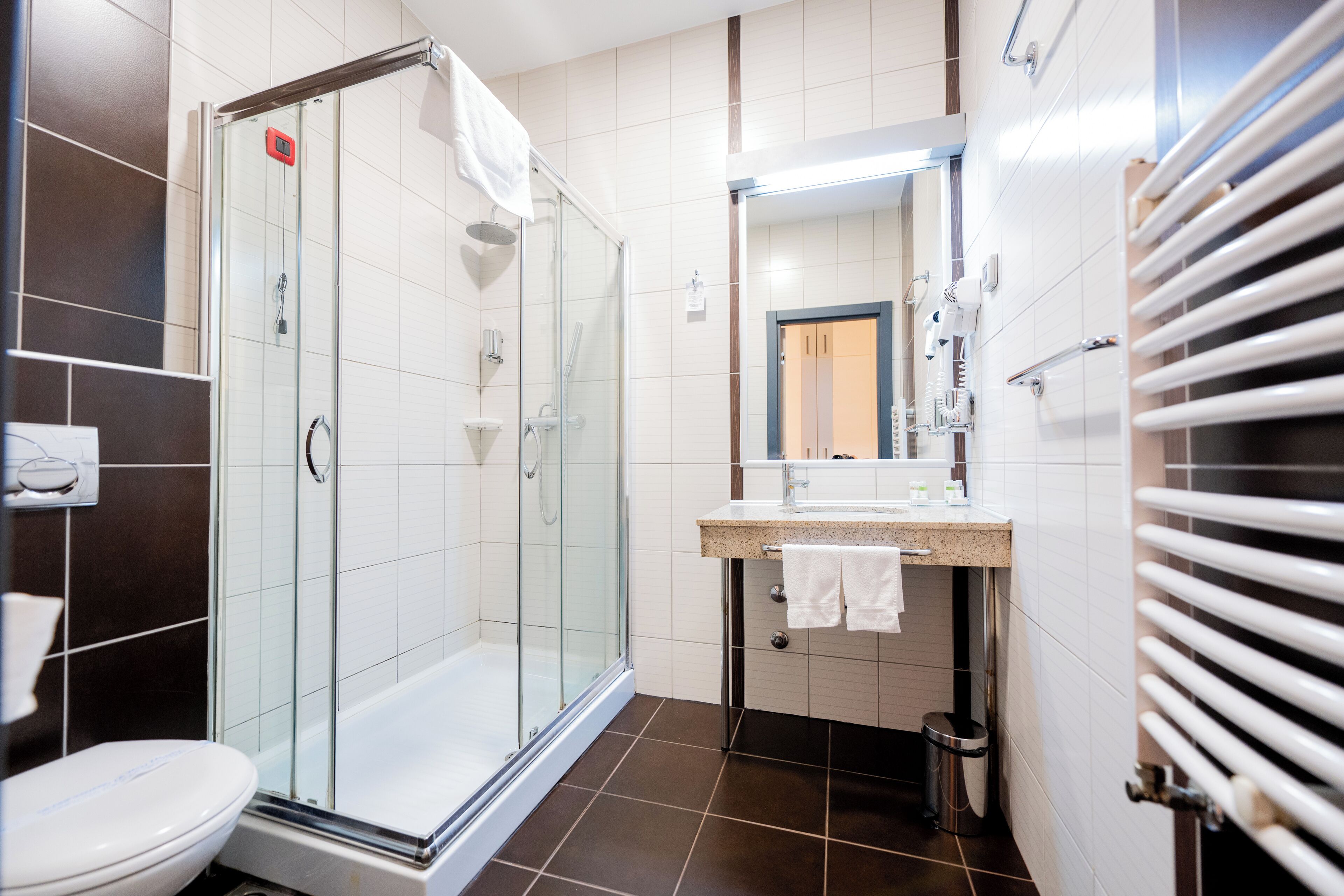 shower, free toiletries, hair dryer, towels