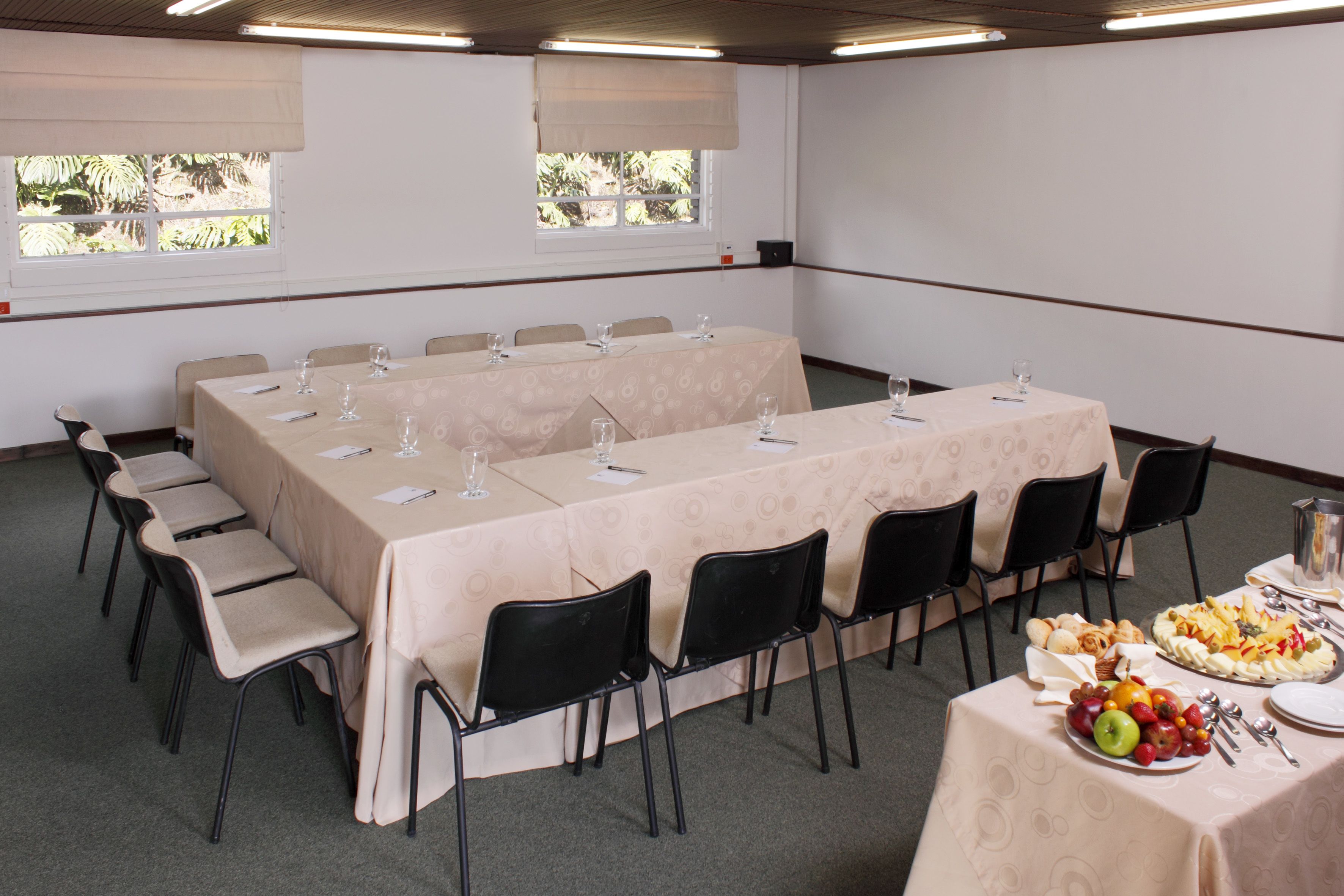 A conference room with a long table, chairs, and a buffet table with fruits and pastries.