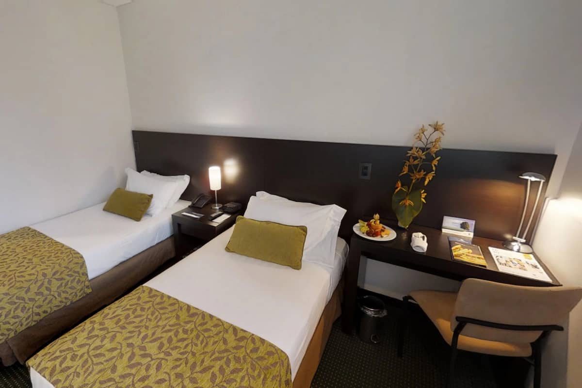 Une chambre d’hôtel avec deux lits simples, un bureau avec une chaise, une petite poubelle et un vase avec des fleurs.