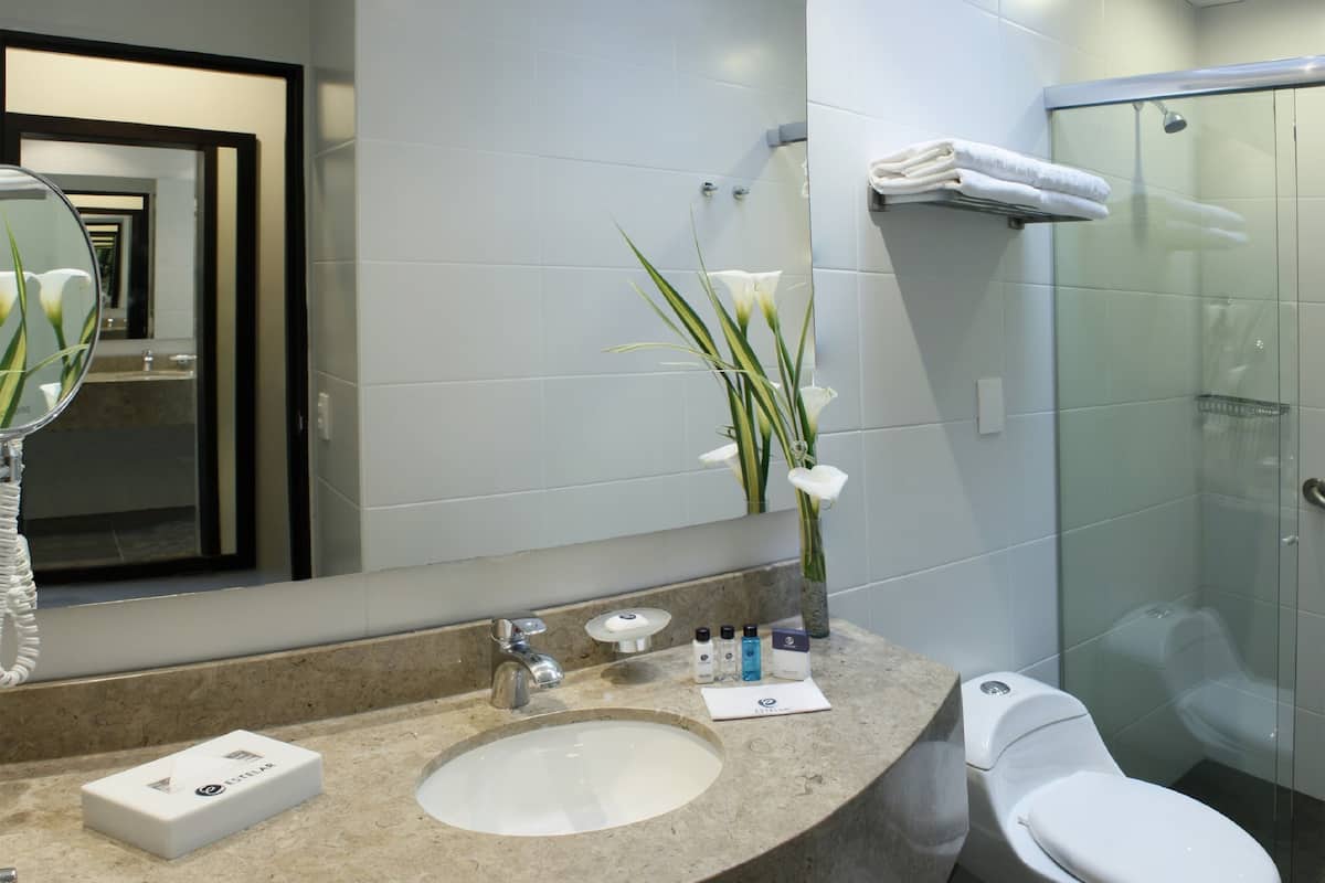 shower, rainfall showerhead, free toiletries, towels