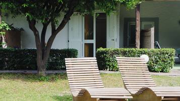 Two wooden lounge chairs in a garden area with a tree and a building in the background.