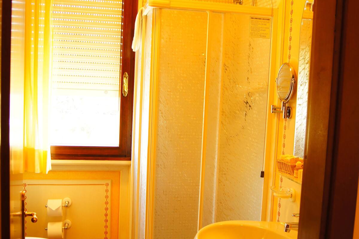 shower, hair dryer, bidet, towels