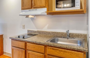 Full-size fridge, microwave, stovetop, freezer