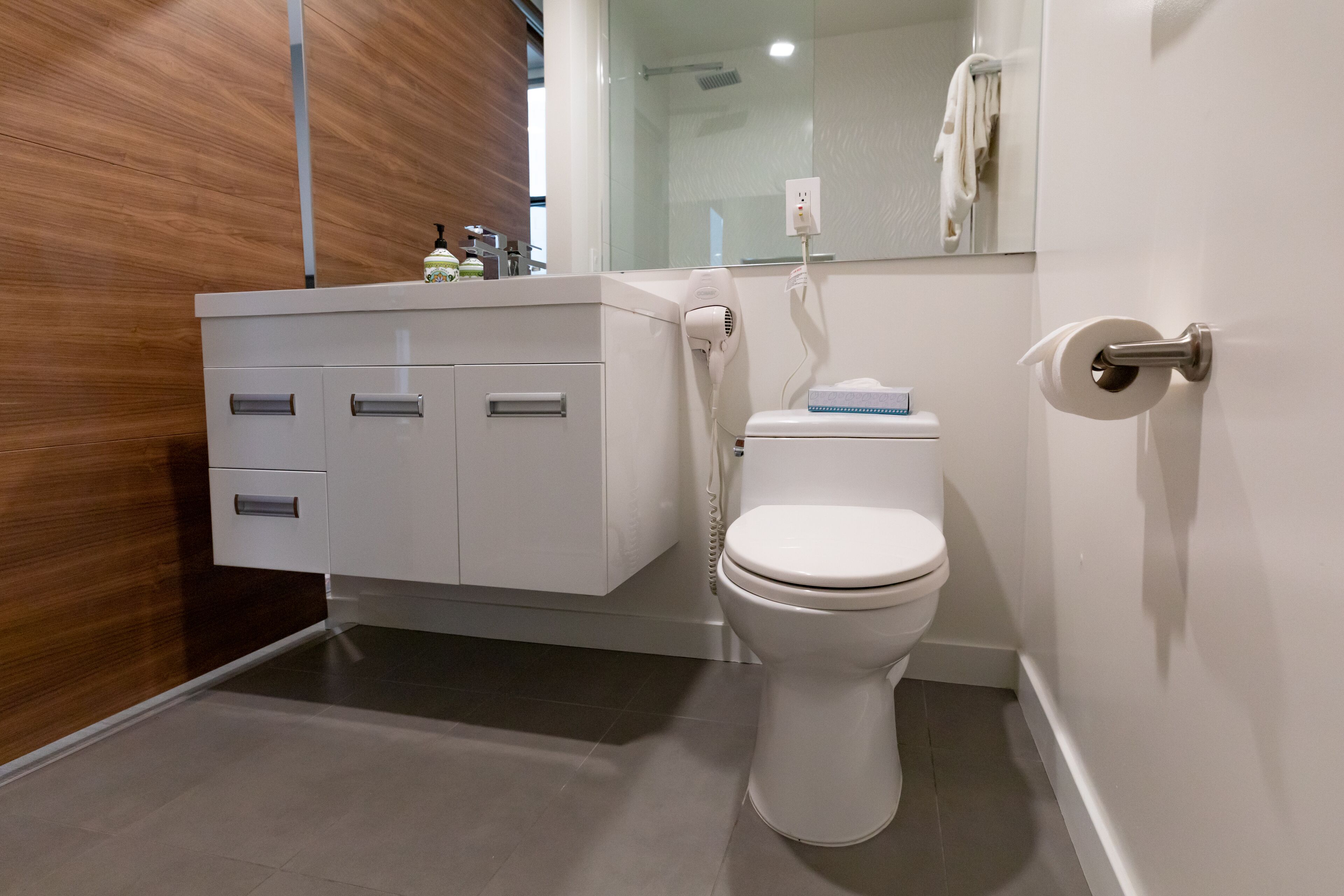 deluxe queen bed (b1) | bathroom | shower, rainfall showerhead, free toiletries, hair dryer