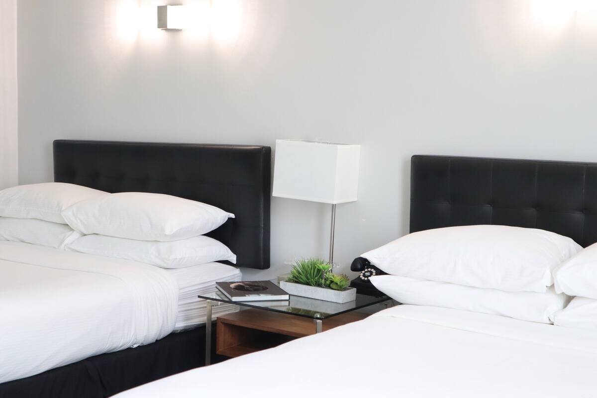 A hotel room with two beds, a bedside table with a lamp, a small plant, and a book.