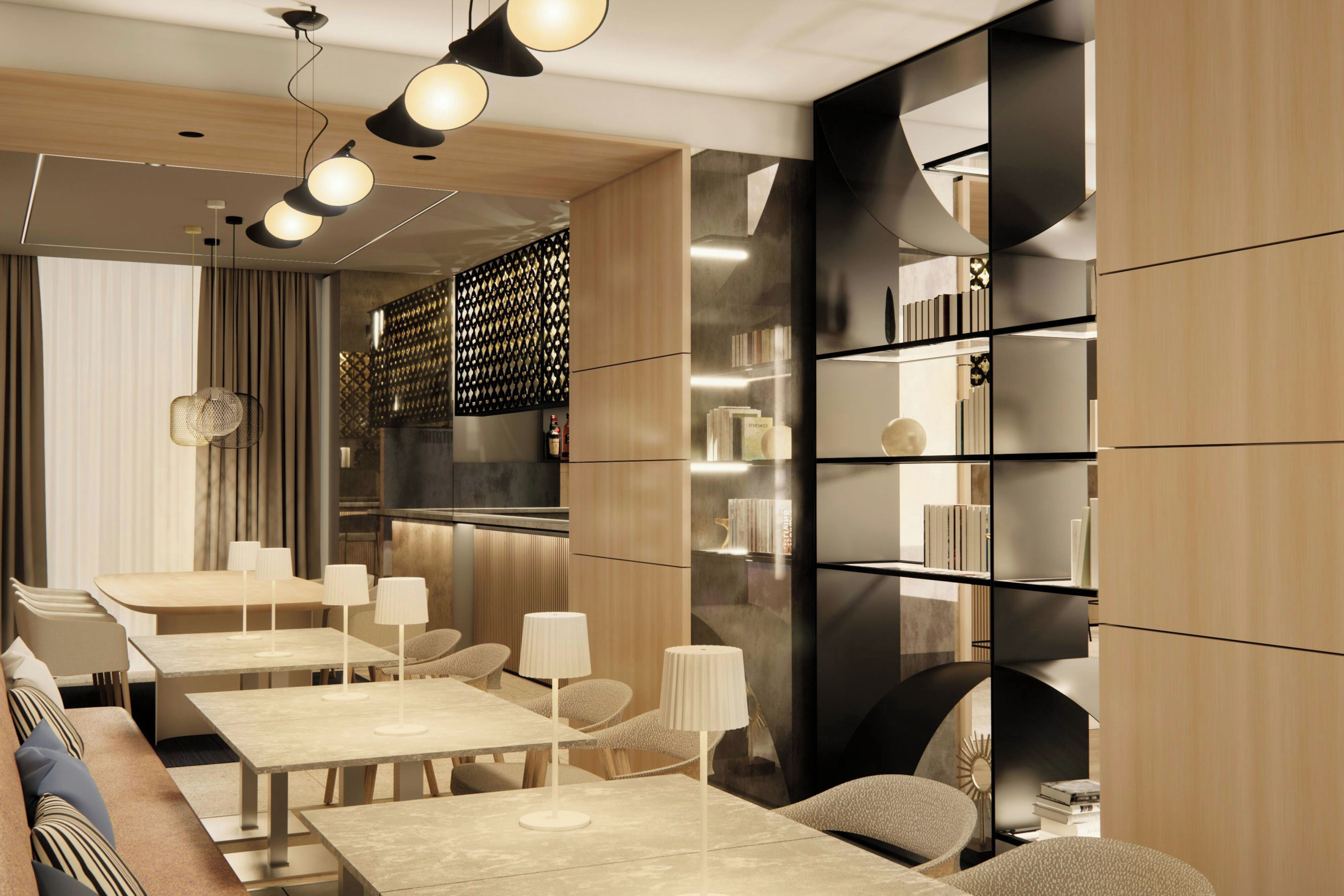 Decoração moderna com área de bar, assentos e estante de livros.