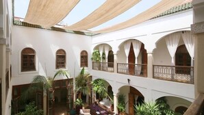 Un patio con varios arcos, plantas en macetas y una zona sombreada.