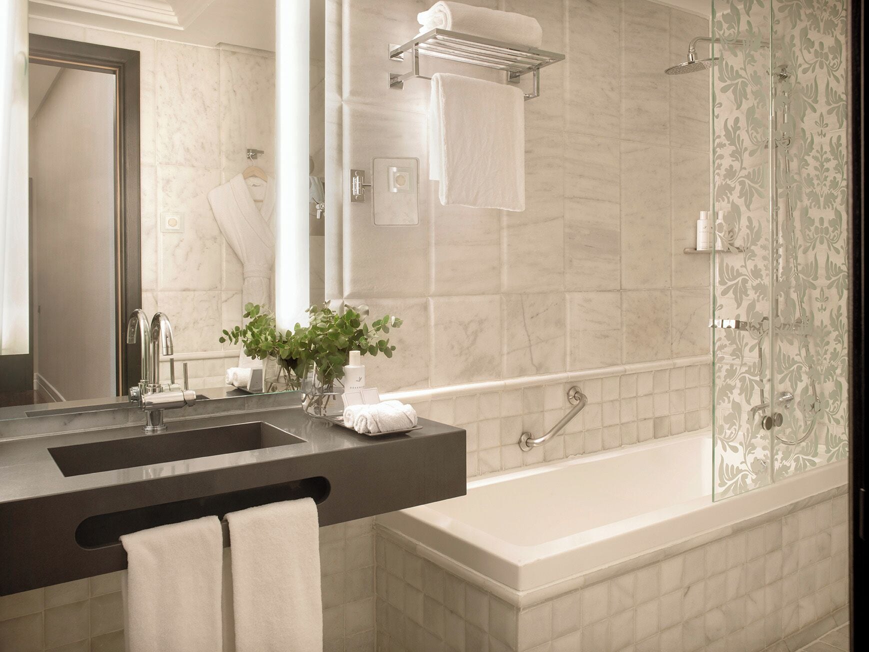 exterior double room | bathroom | designer toiletries, hair dryer, bathrobes, slippers