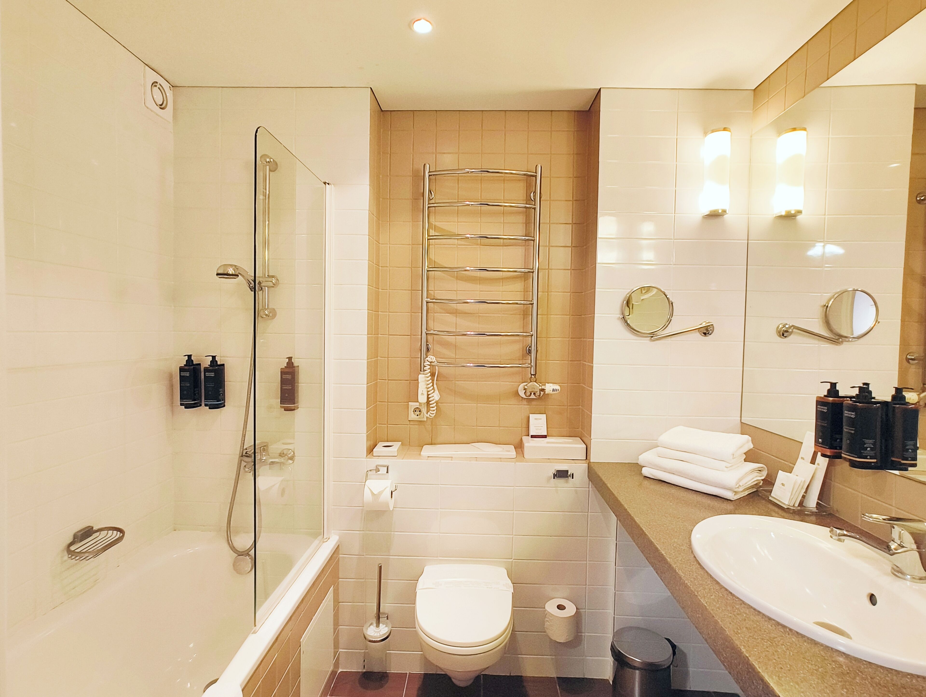 A modern bathroom with a glass-enclosed shower, a toilet, a sink, and a towel rack.