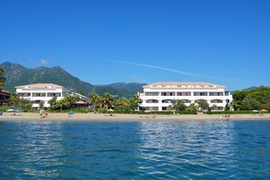Am Strand, weißer Sandstrand, Liegestühle, Wasserski