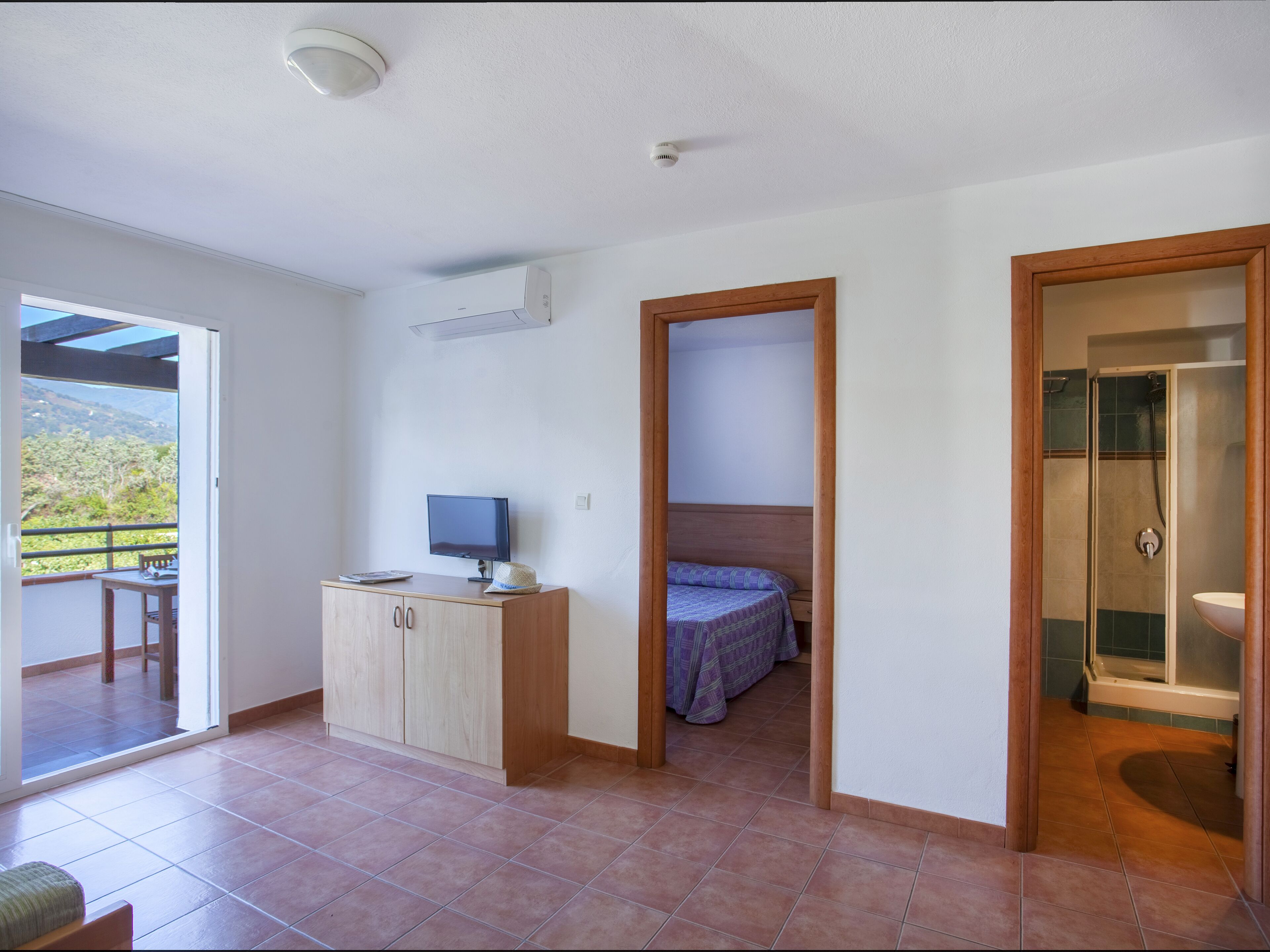 A room with a bed, a desk with a computer, a shower, and a balcony with a view of the outdoors.