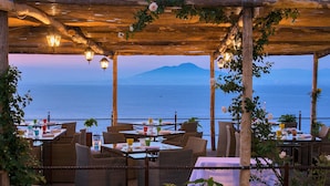 Un espace extérieur aménagé pour les repas, avec des tables et des chaises, offrant une vue sur un plan d’eau et une montagne.