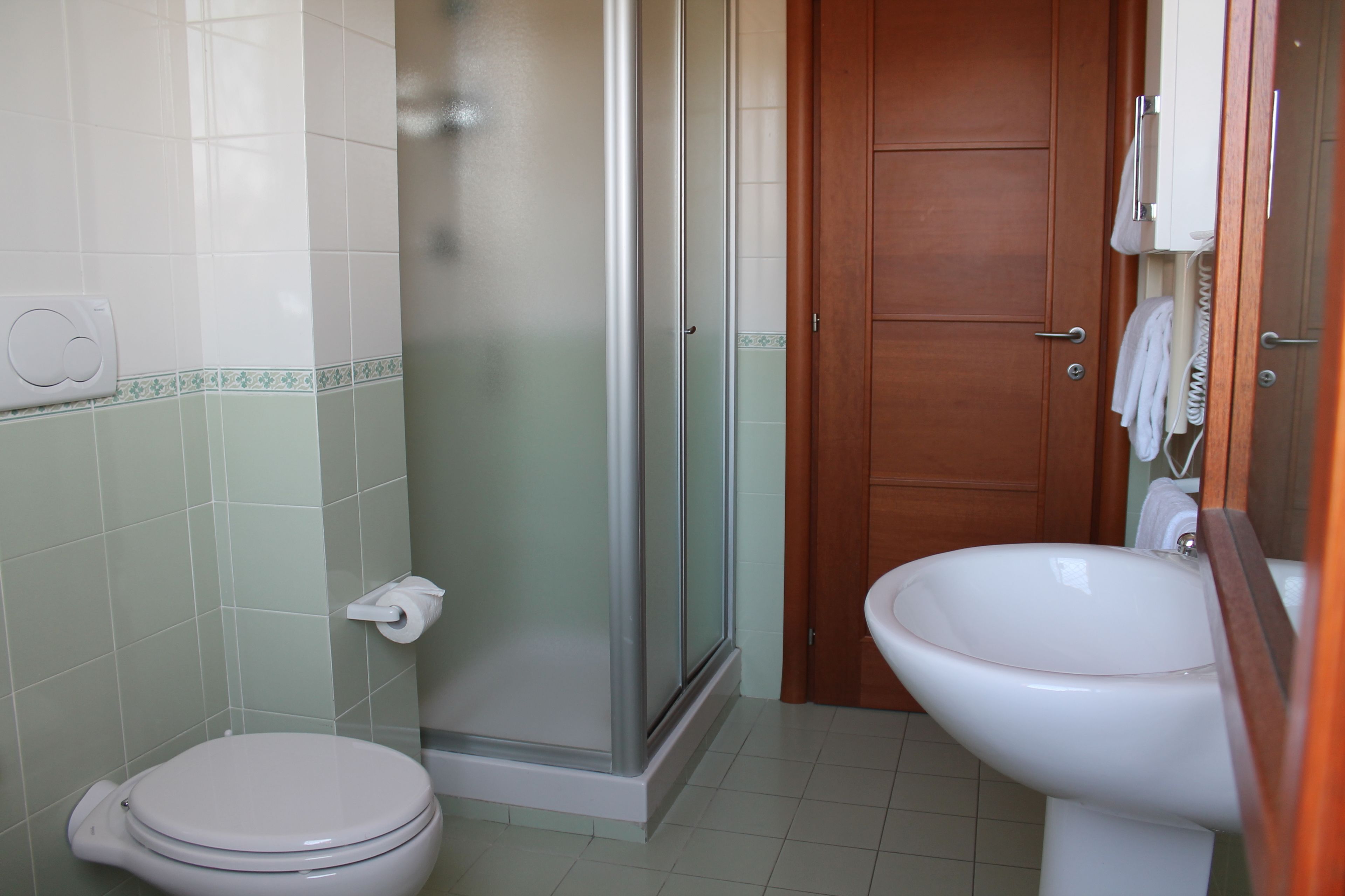 A bathroom with a toilet, a glass-enclosed shower, and a sink.