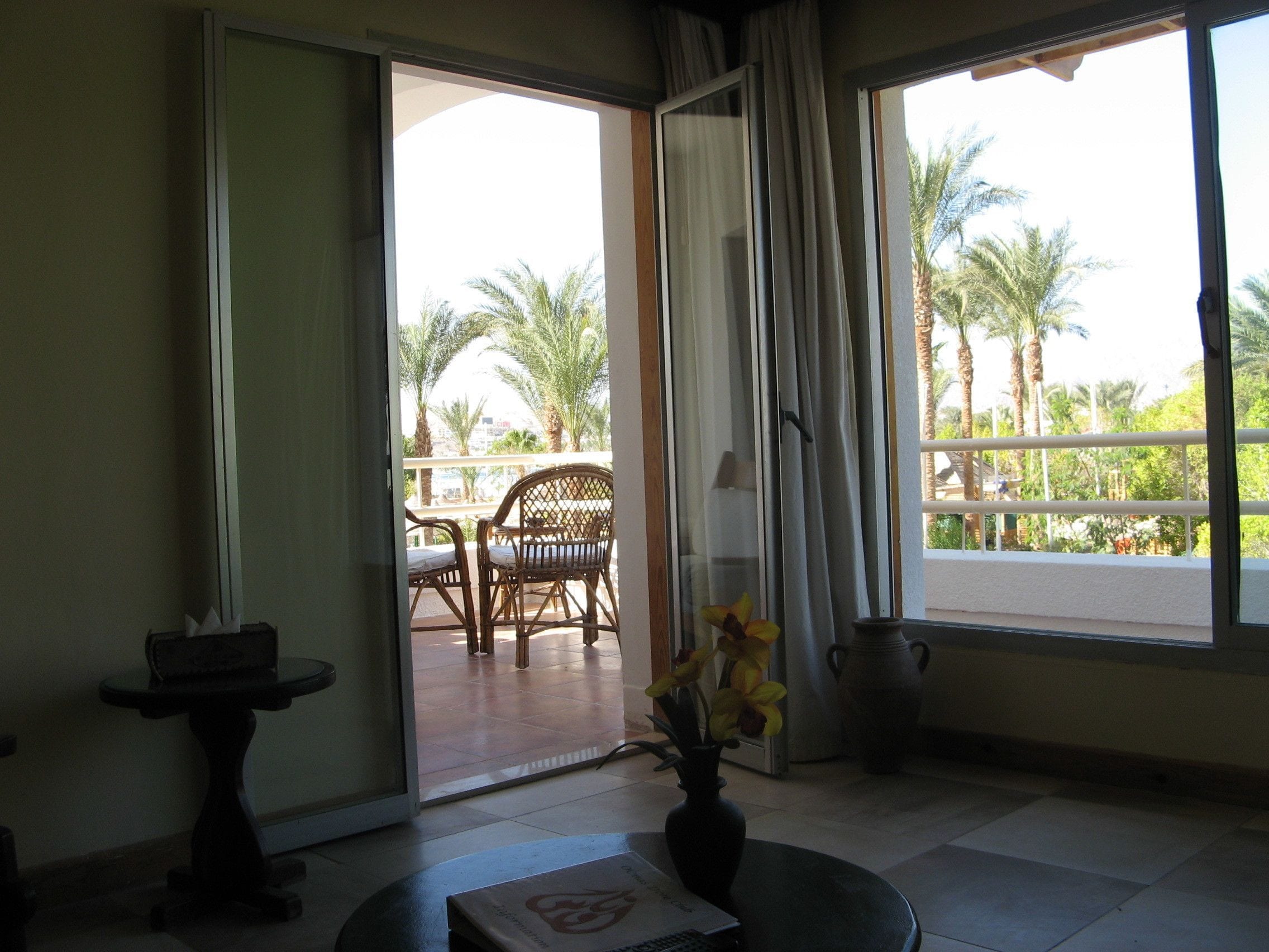 A room with a view of palm trees through a sliding glass door, a small table with a vase of flowers, and a chair.