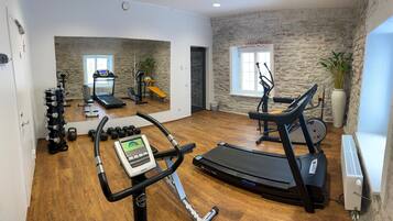 A home gym with a treadmill, stationary bike, and weight bench.