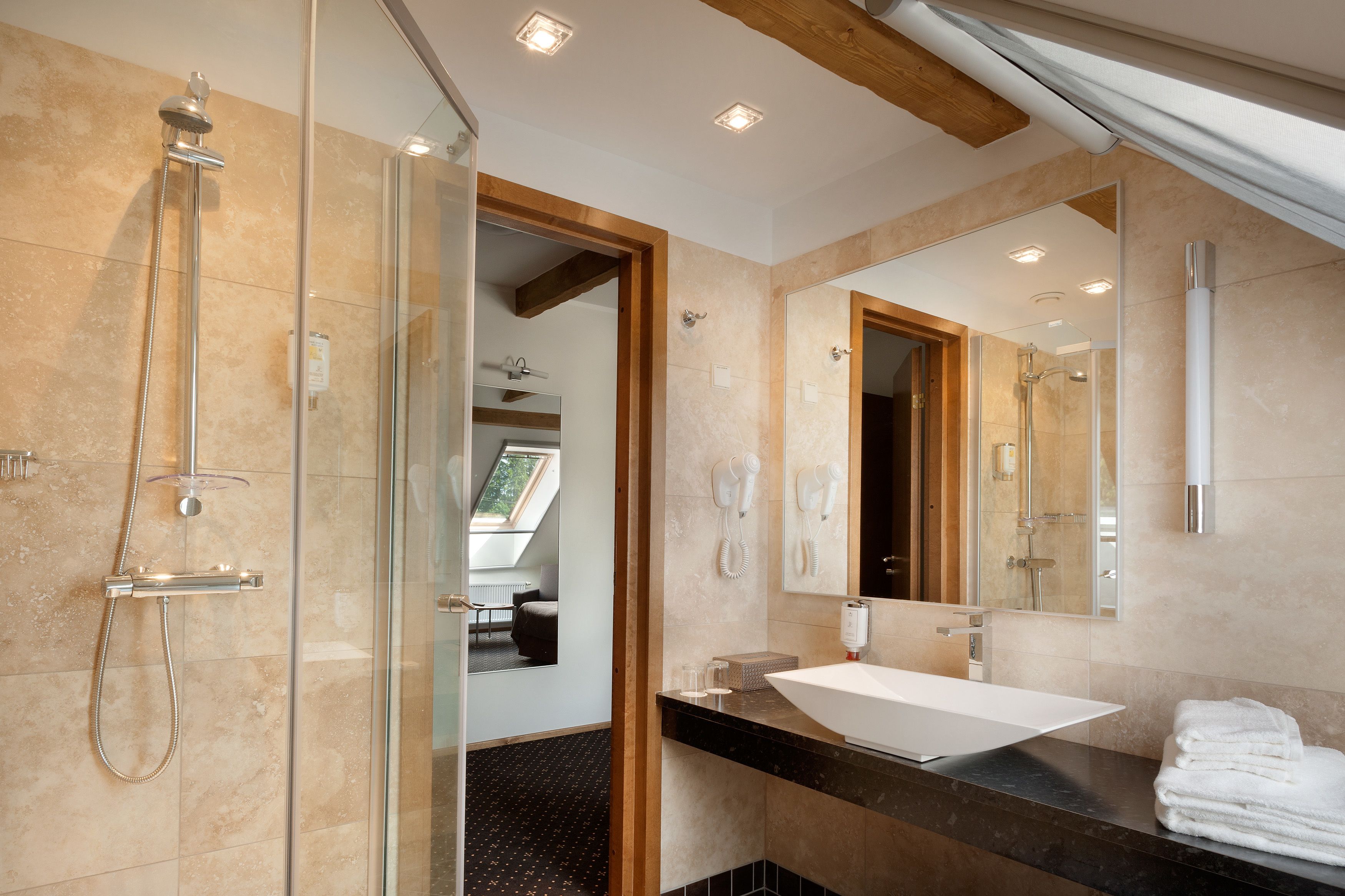 standard double room | bathroom | hair dryer, towels