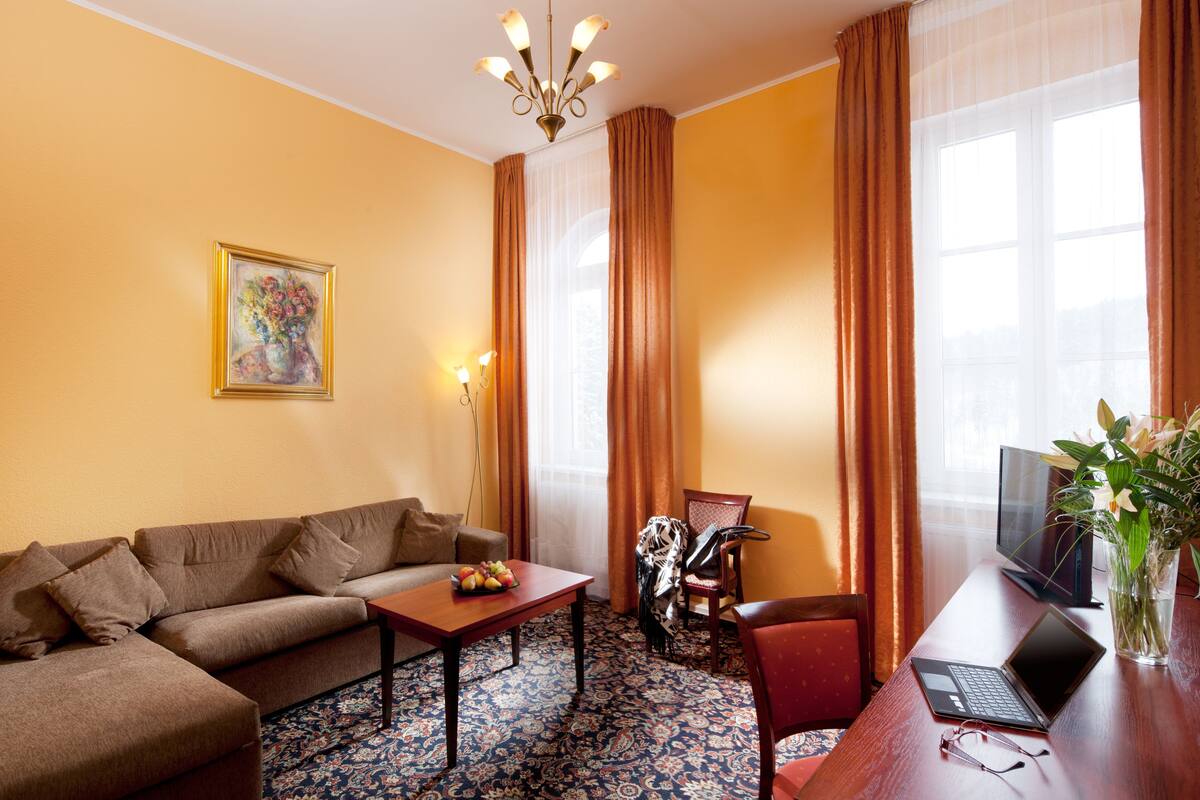 Un salon avec un canapé, une table basse, un fauteuil, un téléviseur et un ordinateur portable.