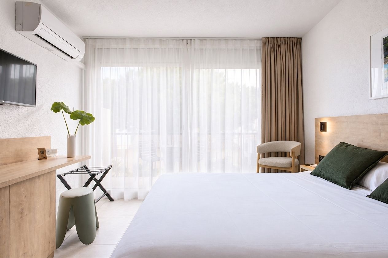 Una habitación de hotel con una cama, una silla, un escritorio con una planta y un televisor montado en la pared.
