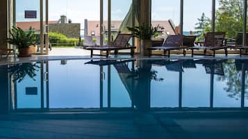 Indoor pool, open 9 AM to 8 PM, sun loungers