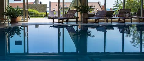 Indoor pool, open 9 AM to 8 PM, sun loungers