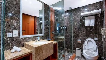 Separate tub and shower, hair dryer, bathrobes, slippers