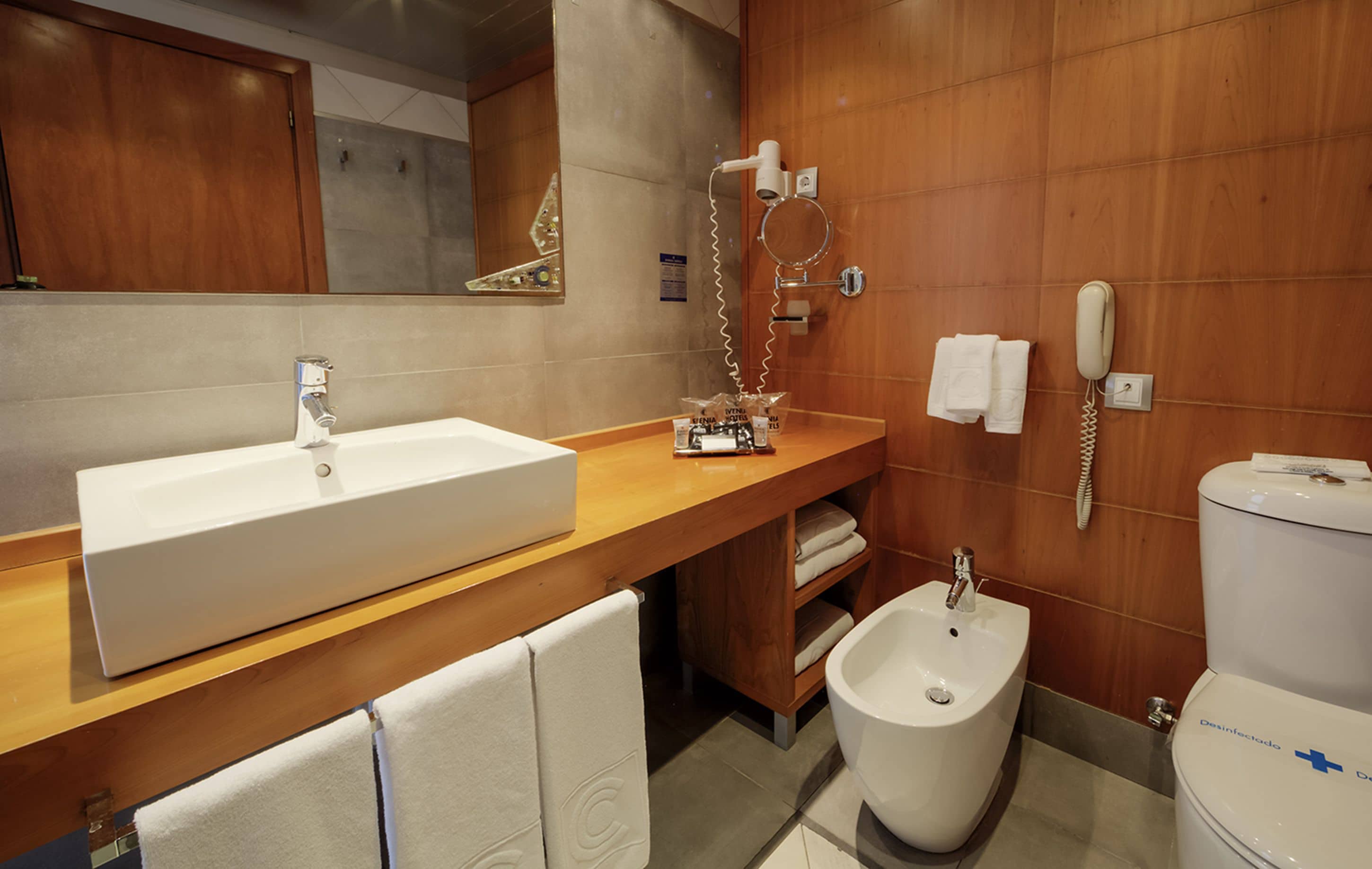 combined shower/bathtub, free toiletries, hair dryer, bidet