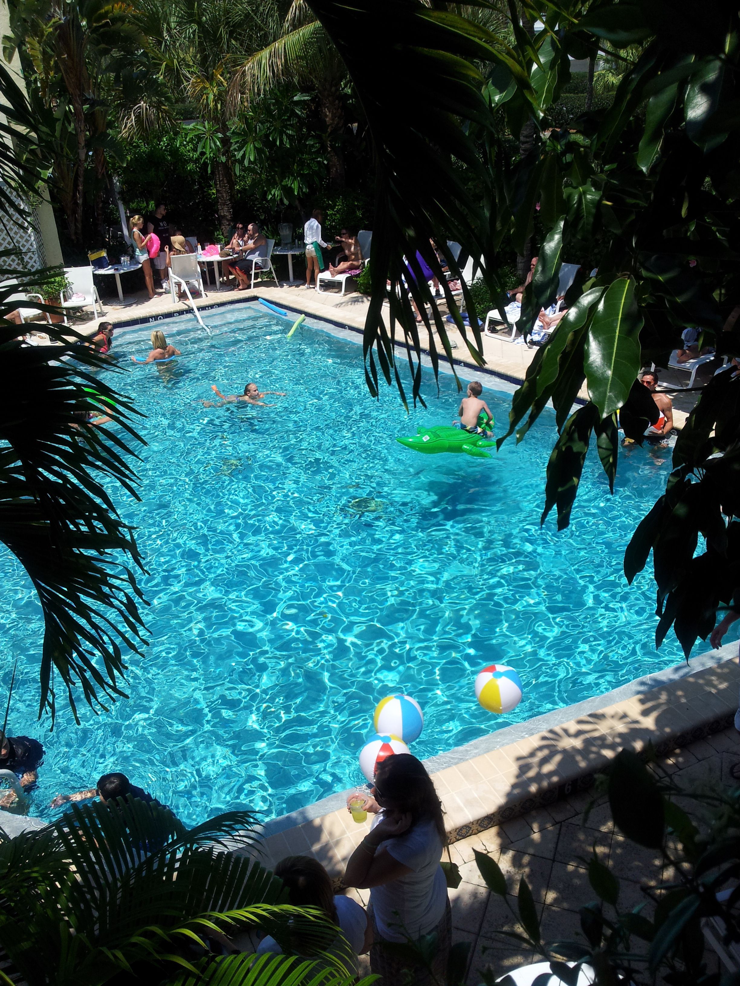 Alberca al aire libre, sombrillas en la alberca y camastros 