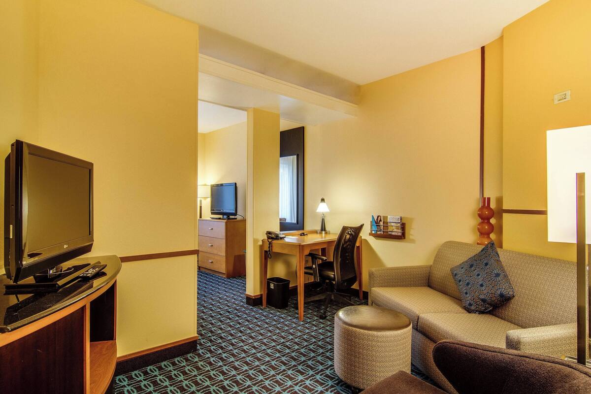 A hotel room with a TV, a desk, a chair, a sofa, and a patterned carpet.