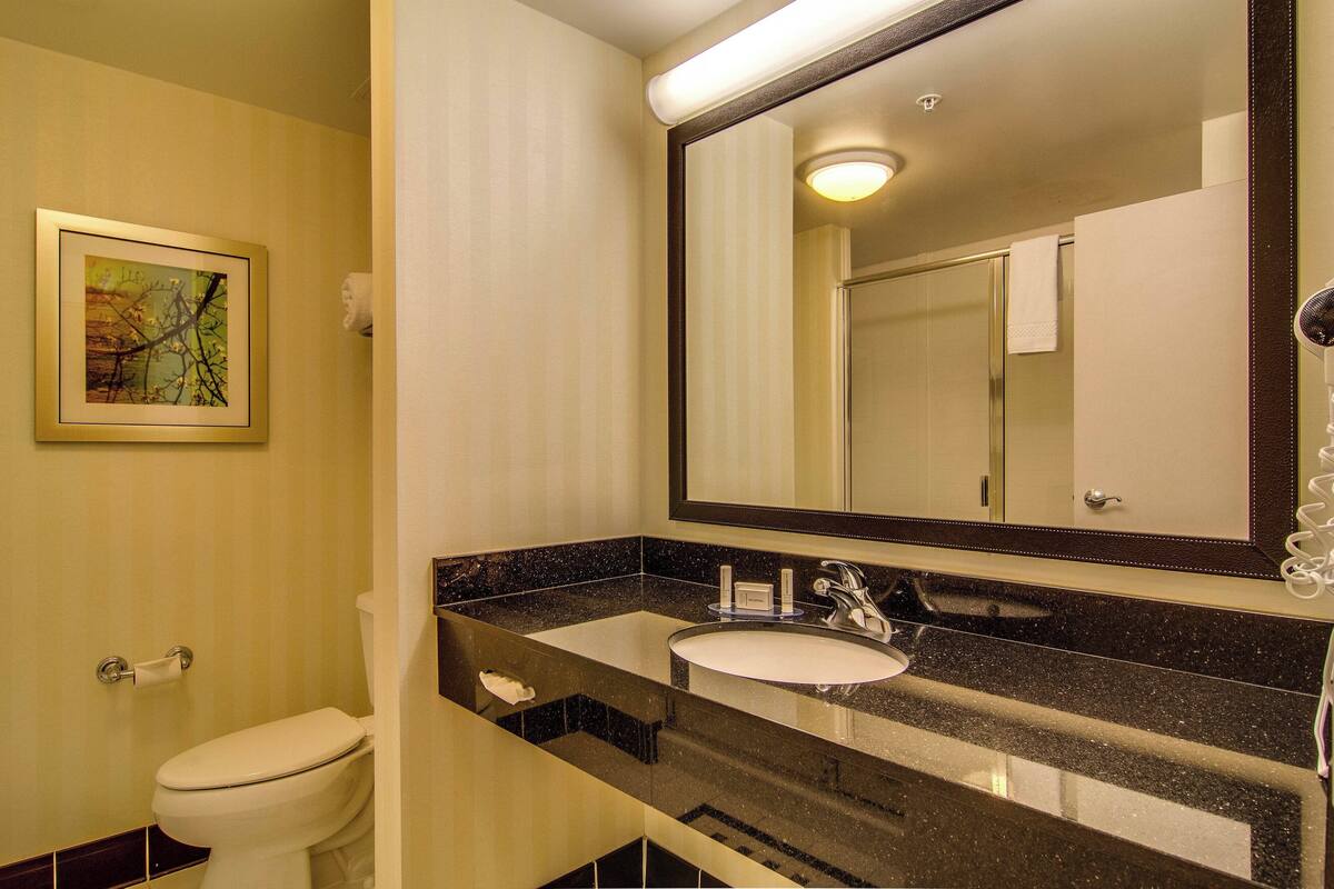 A bathroom with a toilet, sink, and mirror.
