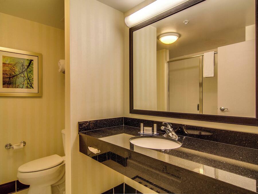 Un baño con inodoro, lavabo y espejo.