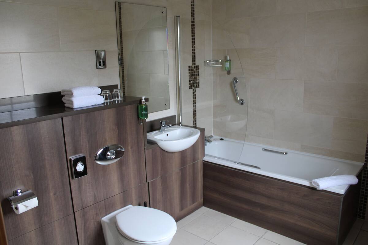 free toiletries, hair dryer, towels