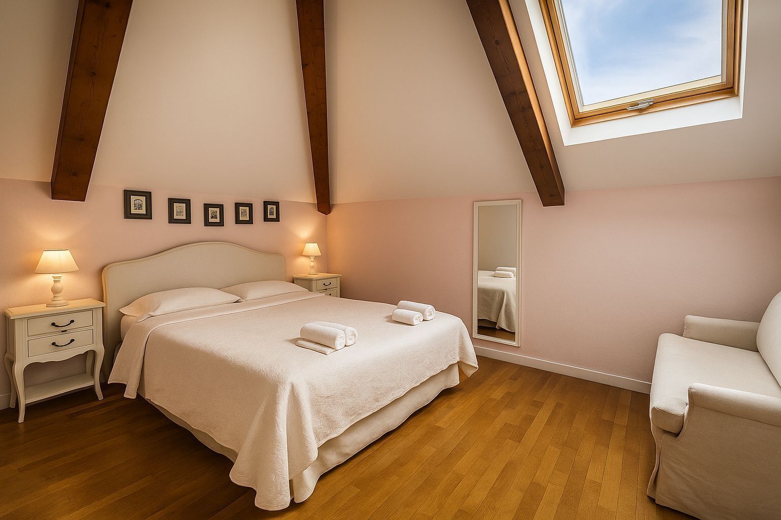 A bedroom with a large bed, bedside tables, a chair, a mirror, and a skylight.