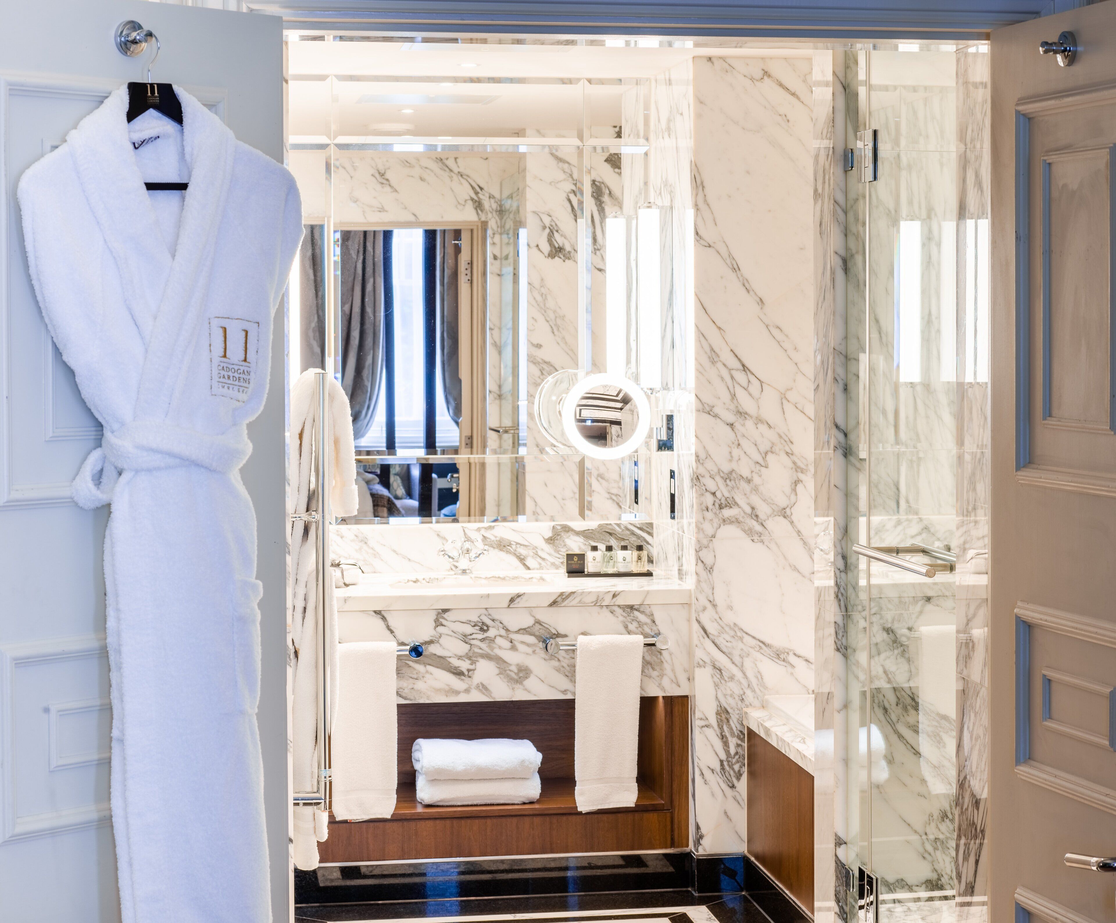 signature suite at 11 cadogan gardens | bathroom | designer toiletries, hair dryer, bathrobes, slippers