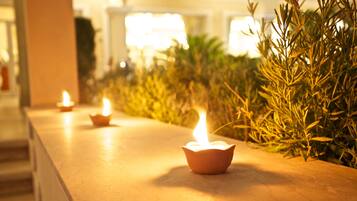 Une rangée de bougies allumées sur un comptoir, avec des plantes en arrière-plan.