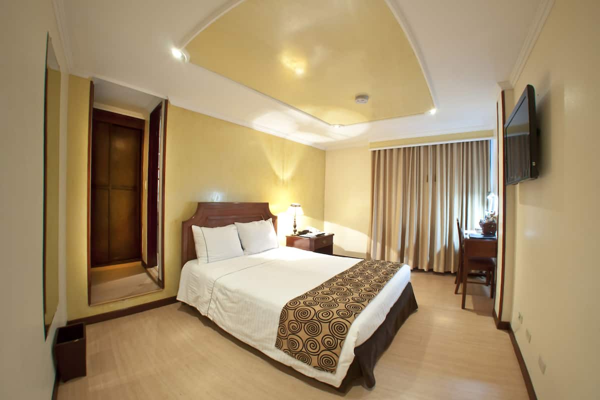 A hotel room with a large bed, a desk with a chair, a television, and a mirror on the wall.