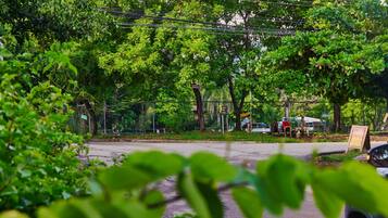 A parking area with trees and a fence.